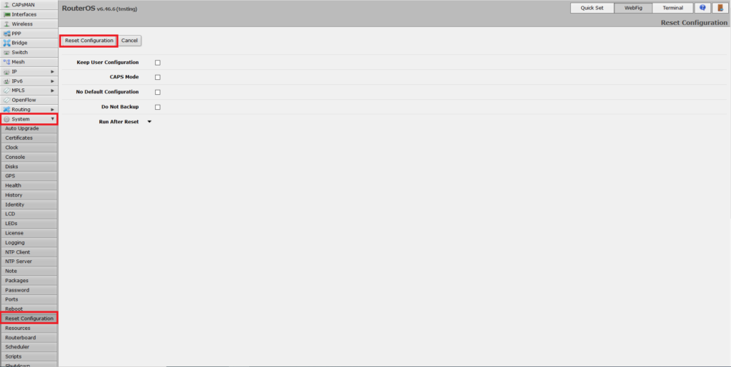 Resetting RouterOS configuration