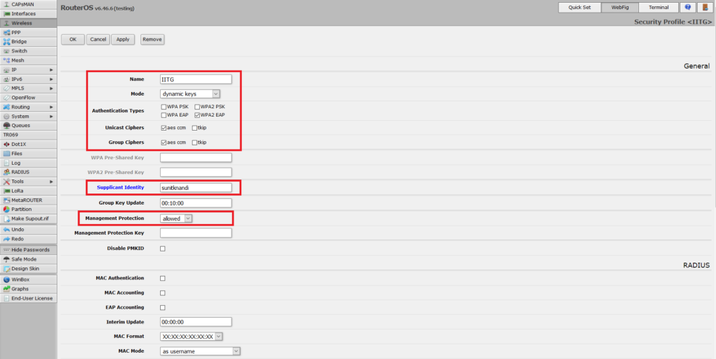 Configuring security profile for 802.1X EAP