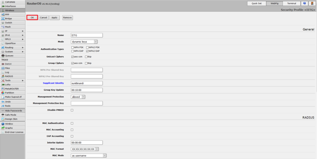 Saving security profile configuration